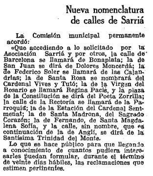 L'ajuntament va accedir a canviar alguns dels noms triats inicialment (La Vanguardia, 15 juny1927)