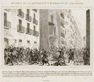 La bullanga de 1842 en un gravat de Josep Puiggarí i Pau Alabern (AHCB).