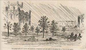 Inundació de la plaça Catalunya, en una vinyeta de T. Padró publicada al setmanari Lo Noy de Mare el 30 de setembre de 1866. 