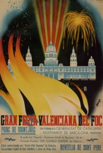 Cartell de la revetlla de Sant Pere a Montjuïc de 1936, amb la projecció de la senyera quadribarrada al Palau Nacional (AHCB)