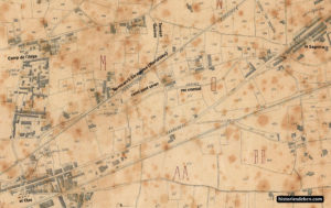 Sant Martí de Provençals el 1871, en un mapa de Pedro Moreno. Es poden veure les parcel·les agrícoles existents entre els nuclis de la Sagrera i el Clot (AHCB)