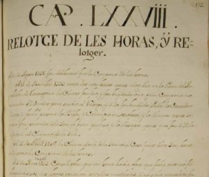 Capítol de les Rúbiques de Bruniquer dedicat al "Relotge de les Hores y relotger'.