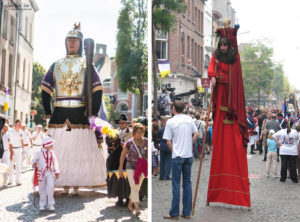 Dos gegants belgues: el Goliat d'Ath i el Sant Cristòfor de Flobecq, un xanquer que evoca el que podia haver estat l'antic gegant barceloní.