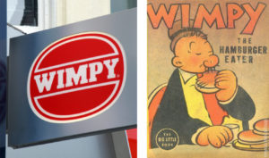 A l'esquerra, el logotip de Wimpy. A la dreta, el personatge de J. Wellington Wimpy de 'Popeye', que va donar nom a la cadena.