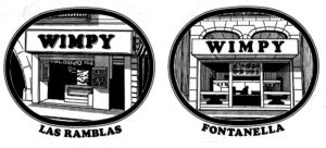 Els dos primers Wimpy de Barcelona, a la Rambla, 79 (al costat de la Casa Doctor Genové) i a Fontanella, 3 (als baixos de la Casa Sicart). Publicitat publicada a La Vanguardia.