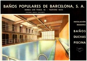 Propaganda dels anys 1950 dels Baños Populares de la ronda Sant Pau, 46 (Font: Memòries del Montjuïc).